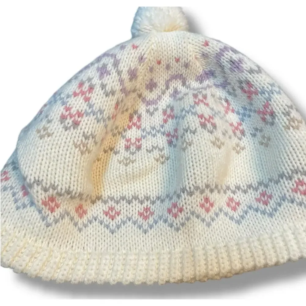 Hansen Vintage Knit Beanie Made in USA Pom Hat Ski Snow Pastel Blue Purple Gift